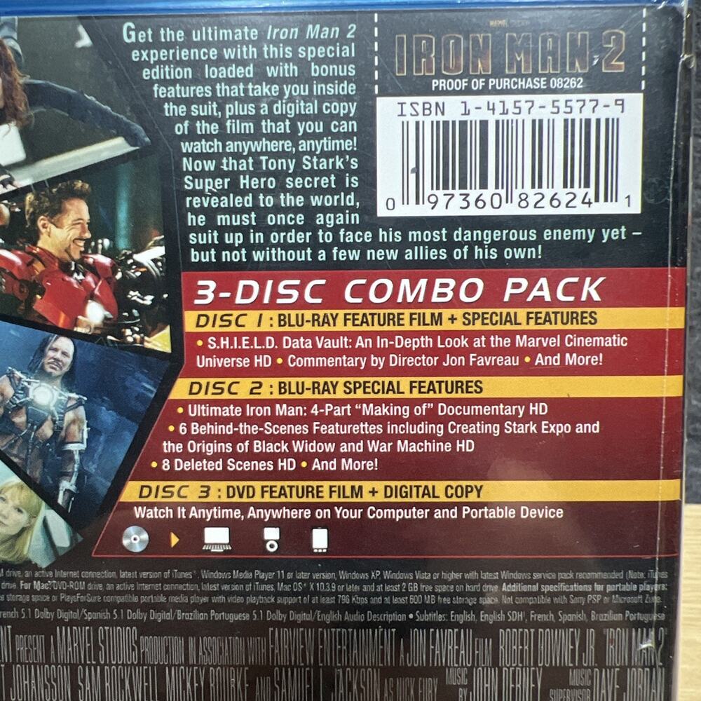 Iron Man 2 (Blu-ray + DVD, 2010, 3-Disc Set) W/ Slipcover - New & Sealed - Picture 3 of 3